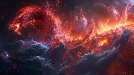 Fototapeta premium A dragon is flying through a space filled with clouds and stars