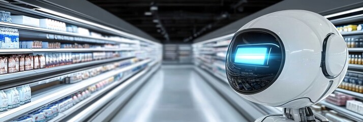 White Robot Assistant Navigating Supermarket Aisles, Revolutionizing Customer Service in Retail.
