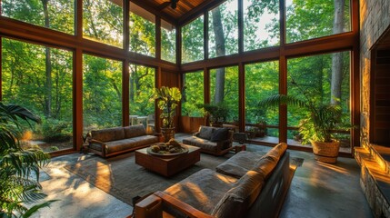 Fototapeta premium A hidden sanctuary in the forest, floor-to-ceiling windows offering