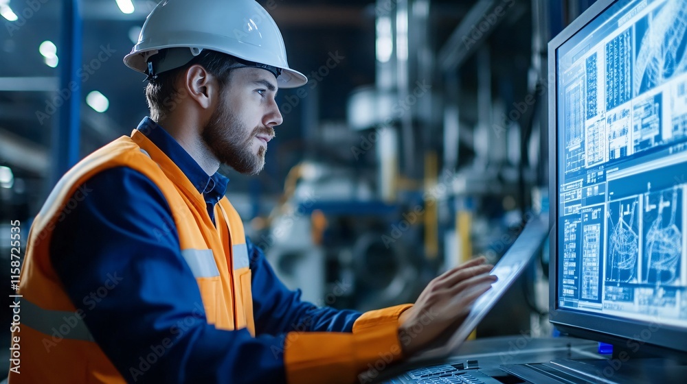 Aufkleber industrial engineer working on computer and tablet in a factory