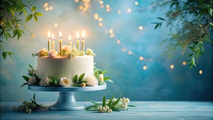Elegant birthday cake with lit candles on a soothing blue background, surrounded by lush greenery and delicate floral patterns, exuding warmth and celebration , greenery, blue background