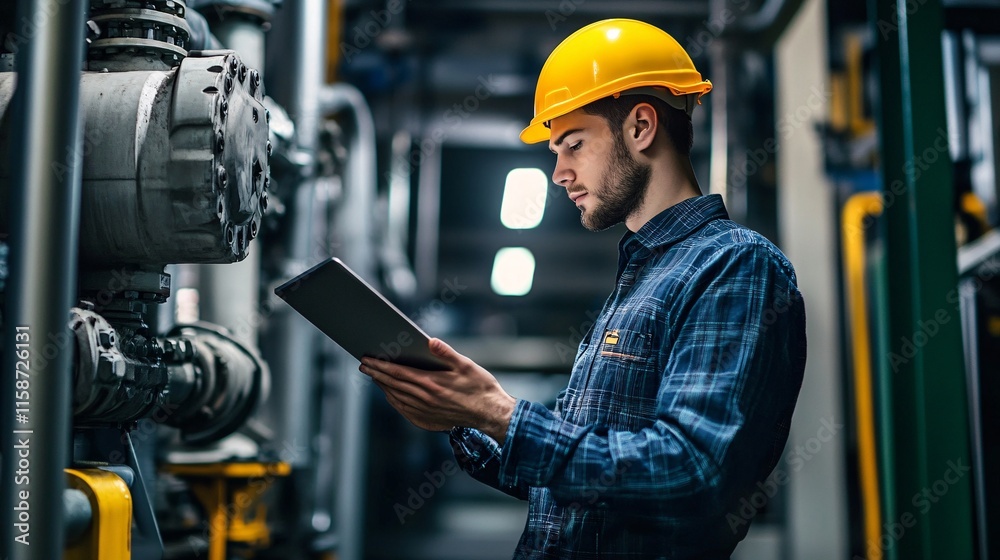 Poster industrial engineer working with digital tablet and inspecting machinery in a factory
