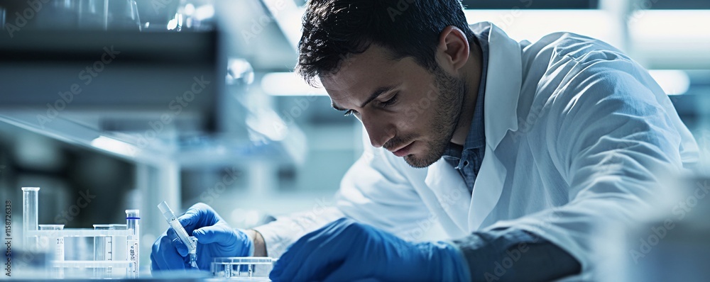 Poster scientist working with test tubes and petri dishes in laboratory