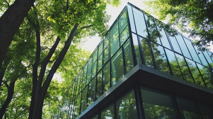 A modern eco-friendly office with glass panels, shaded by large