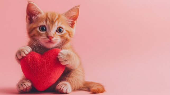 Ginger kitten hugging toy red heart. Cute cat on pink background. Valentine's Day love concept. advertisement, billboard for animal shelter, veterinary clinic