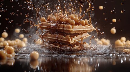 Waffles drenched in chocolate sauce with splashing liquid and chocolate balls.