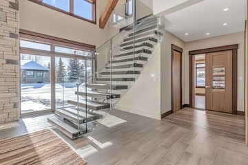Sleek Modern Glass Staircase Design in Bright Interior
