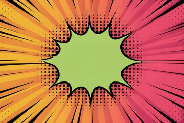 Comic book explosion template with halftone dots and radial rays, orange pink gradient background with green burst effect, retro pop art design with copyspace.