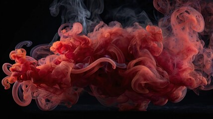 Obraz premium Translucent vibrant Red smoke whiffs and swirls of aromatic colorful incense against Black background.Dramatic smoke fog effect for spooky Halloween background.Vivid and intense background.