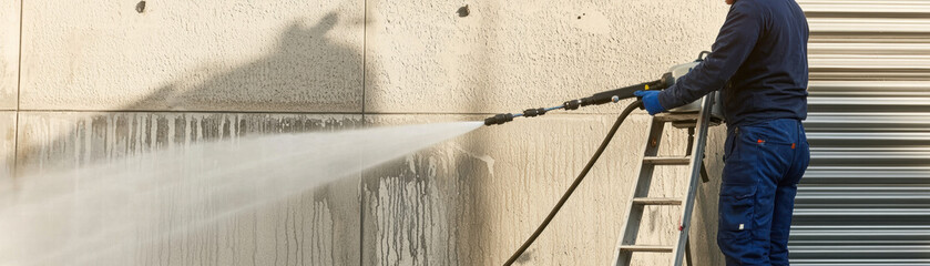 Fototapeta premium Concrete construction. Person using a pressure washer to clean a wall from a ladder.