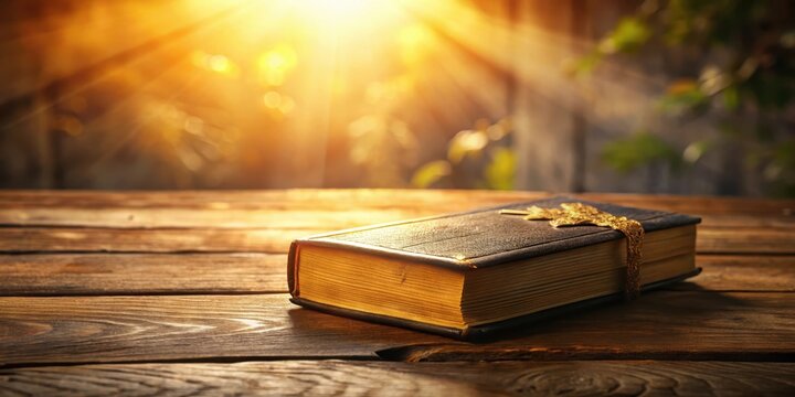 Bible book on wooden table with golden accents, peaceful ambiance, sacred text,  peaceful ambiance