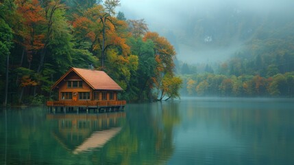 Fototapeta premium a house sitting on top of a lake next to a forest