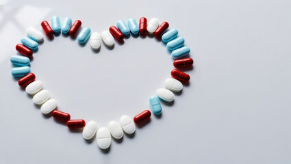 A heart formed with neatly arranged pills and capsules on a white background. Ideal for pharmaceutical promotions or healthcare designs, with ample space for branding or text overlays.