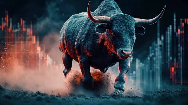 A powerful bull advances fiercely symbolizing market strength and determination against a backdrop of financial graphs and data
