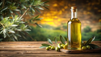 Glass bottle of extra virgin olive oil on a wooden table , natural, bottle,  natural, bottle, olive oil, pantry, healthy