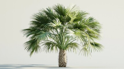 Fototapeta premium A single, isolated Mediterranean fan palm tree with a thick trunk and broad, spreading fronds against a light background.