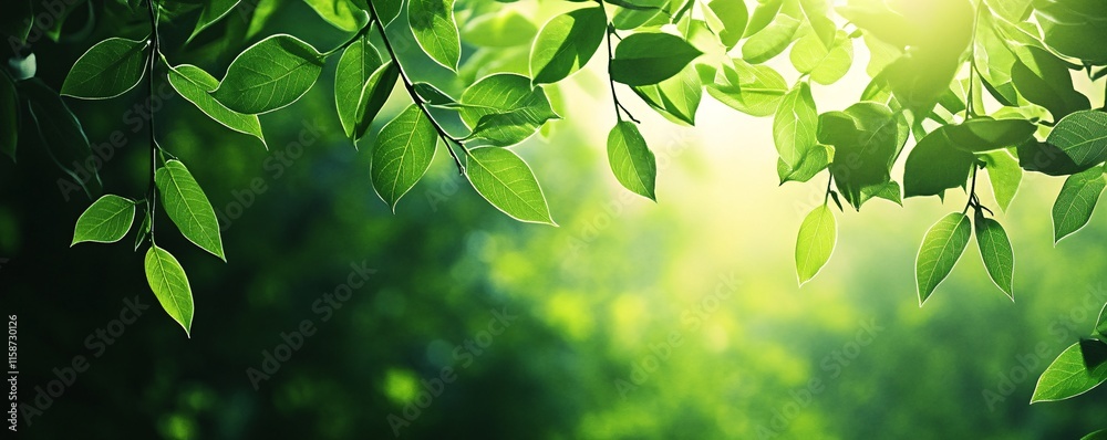 Poster Sunlight filtering through vibrant green leaves in spring forest