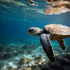 Fototapeta premium Graceful Sea Turtle Swimming Through Blue Waters