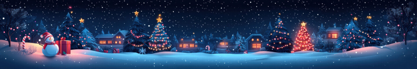 Christmas Tree, Ornaments, Stockings, Wreaths on Snowy Platform for Greeting or Advertisement