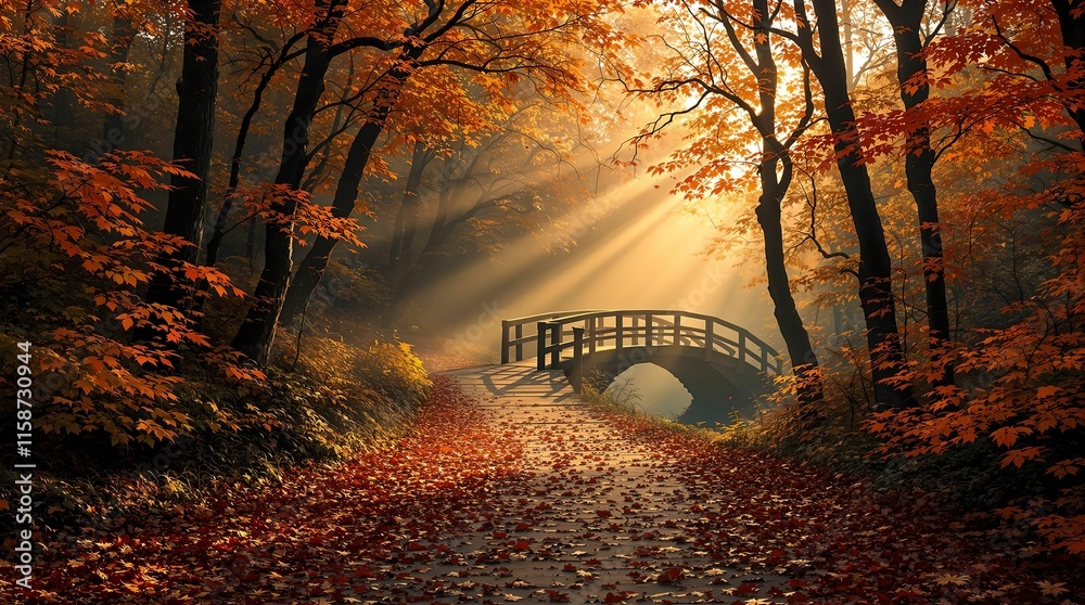 Poster serene autumn scene with a wooden bridge over a stream, surrounded by fallen leaves on a path. sunli