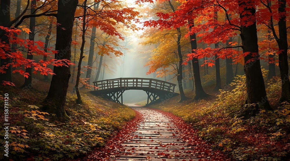 Poster serene autumn scene with a wooden bridge over a stream, surrounded by trees with red and orange leav