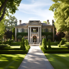 Obraz premium Luxurious Estate House Amidst Lush Greenery: A Symbol of Affluence and Landmark of Serenity
