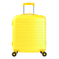  Bright yellow suitcases with black wheels and retractable handles stand side by side on a black background.