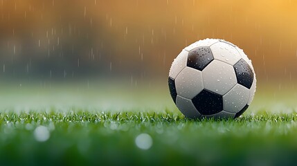 Naklejka premium A close-up of a soccer ball on wet grass. Ultra-Realistic, Photo Realistic, highly detailed, 