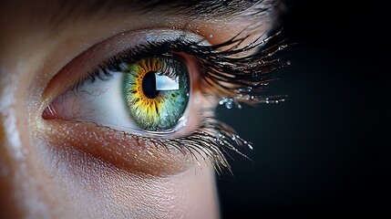 A close-up of a tear drop falling from a concerned eye. Ultra-Realistic, Photo Realistic, highly detailed, 