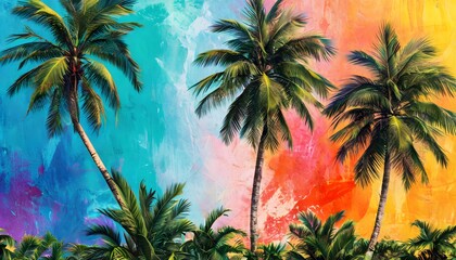 Tropical palm trees on colorful abstract background.
