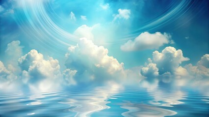 Whimsical clouds float above a soft blue abstract background with gentle ripples and subtle texture patterns, whimsical