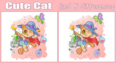 cute little cat, find five differences illustration