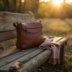 Obraz premium Brown leather bag and scarf on wooden bench at sunset.