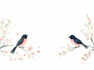 Watercolor Birds on Blossom Branches Illustration