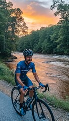 Fototapeta premium Golden Hour Gravel Grinding Adventure Male Cyclist Conquers Picturesque Riverside Trail At Sunset