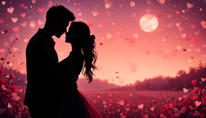 Romantic silhouette of a couple embracing against a pink sky with heart shapes and a full moon