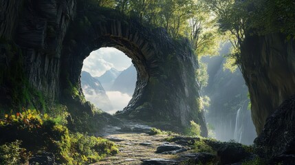 A Mountain View Through a Natural Stone Archway in a Lush Forest