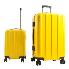  Bright yellow suitcases with black wheels and retractable handles stand side by side on a black background.