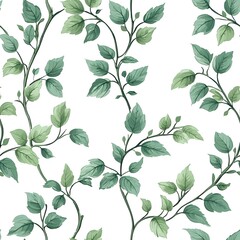 Seamless pattern of sage green vines gracefully sprawled across a crisp white background