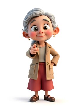 Friendly 3D Cartoon Grandma Points Cheerful Pose Beige Coat