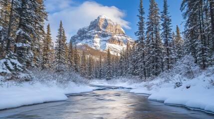 A tranquil alpine setting with snow-covered pine trees framing
