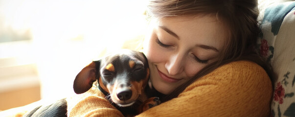 Close up of woman hugging her dachshund, expressing warmth and affection. cozy atmosphere highlights bond between them, showcasing love and companionship