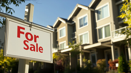 Obraz premium Modern townhouse with For Sale sign under sunny clear sky