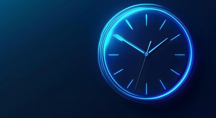 Futuristic digital clock with abstract blue glowing lights on a dark background. A glowing silhouette of a clock representing time. Can be used to convey the value of time