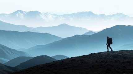 Obraz premium Hiker trekking across mountain range.