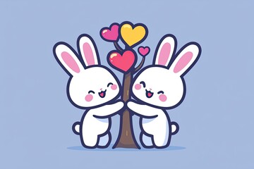 Obraz premium Adorable Rabbits Hugging Heart Tree Cute Love Valentine s Day Easter