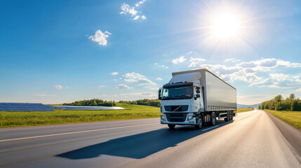 truck driving on sunny road with renewable energy equipment nearby, showcasing commitment to sustainable transport