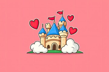 Fairytale Castle Illustration Romantic Love Cute Cartoon Fantasy Hearts