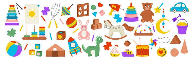 Kindergarten toy. Baby game. Children education. Ball or puzzle. Wooden horse. Boys car or rocket. Kids construction building. Drum and xylophone. Plush bear. Vector garish infant playing elements set