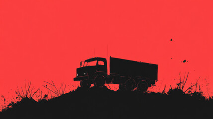 silhouette of truck against vibrant red background, symbolizing strength and resilience in challenging situations. image evokes sense of urgency and determination